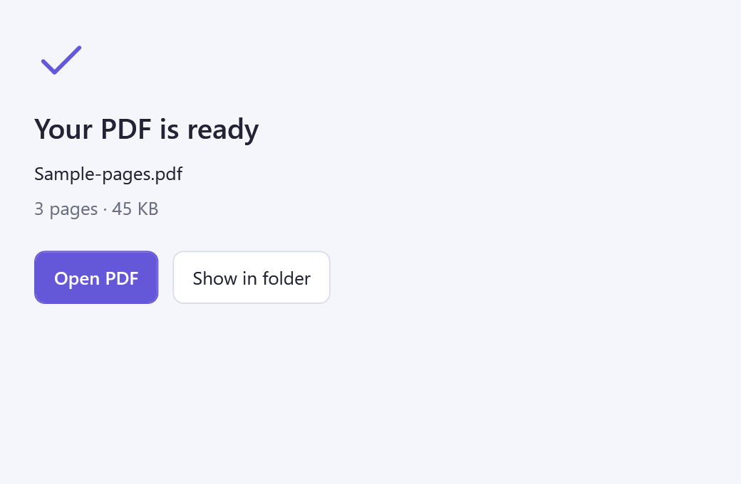 Scan to PDF Converter Your PDF is ready dialog for the exported three page sample
